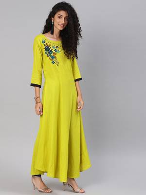 Blissta Parrot Green Rayon Slub Anarkali Kurti 4
