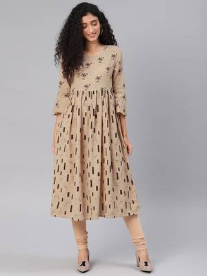 Beige printed cotton cotton-kurtis 1