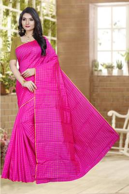 Pink printed poly cotton saree with blouse 1