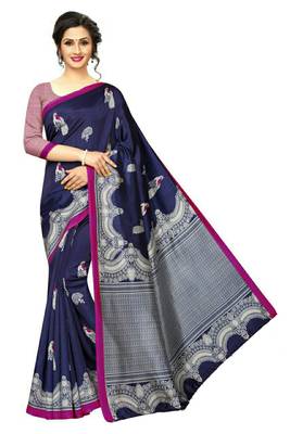 Blue printed art silk saree with blouse 1