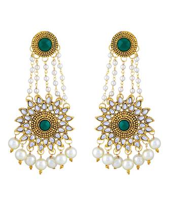 Asmitta Dazzling White And Green Kundan Gold Plated Dangle Earring For Women 2