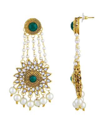 Asmitta Dazzling White And Green Kundan Gold Plated Dangle Earring For Women 4