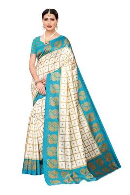 Off white printed bhagalpuri silk saree with blouse 1