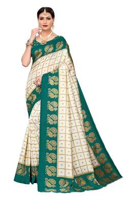 Off white printed bhagalpuri silk saree with blouse 1