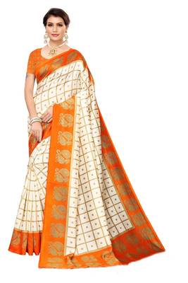Off white printed bhagalpuri silk saree with blouse 1