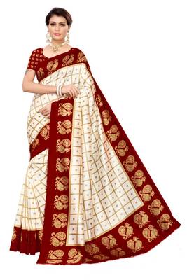 Off white printed bhagalpuri silk saree with blouse 1