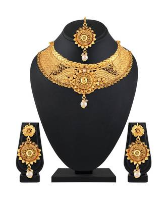 Asmitta Elegant Lct Stone Gold Plated Choker Style Necklace Set With Mangtikka For Women 3