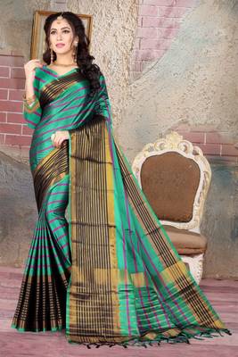 Teal printed cotton silk saree with blouse 1