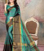 Teal printed cotton silk saree with blouse