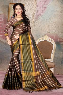 Brown printed cotton silk saree with blouse 1