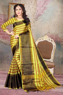 Yellow printed cotton silk saree with blouse 1