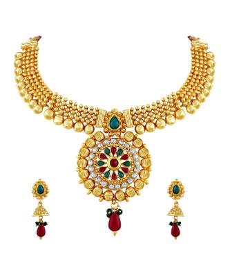 Asmitta Traditional White Stone Gold Plated Choker Style Necklace Set For Women 2