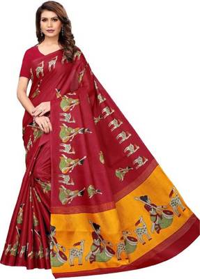 Maroon printed khadi saree with blouse 1