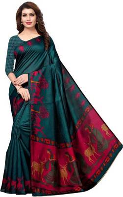 Dark turquoise printed khadi saree with blouse 1