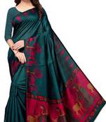 Dark turquoise printed khadi saree with blouse