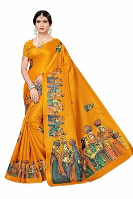 Yellow printed khadi saree with blouse 1