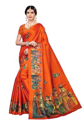 Orange printed khadi saree with blouse 1