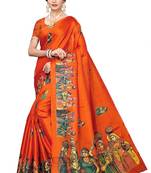 Orange printed khadi saree with blouse