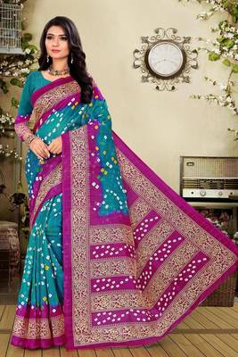 Sky blue printed bhagalpuri silk saree with blouse 1