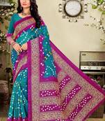 Sky blue printed bhagalpuri silk saree with blouse