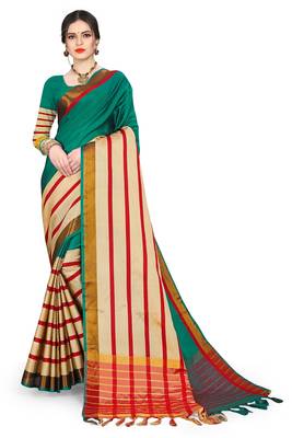 Teal printed cotton silk saree with blouse 1