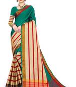 Teal printed cotton silk saree with blouse