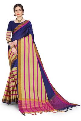 Blue printed cotton silk saree with blouse 1