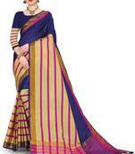 Blue printed cotton silk saree with blouse