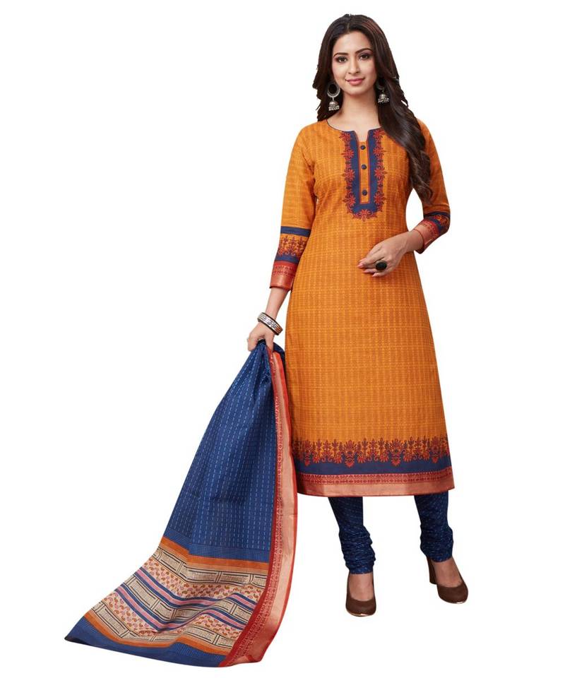 Women's Rust & Navy Blue Cambric Cotton Printed Unstitch Dress Material With Dupatta