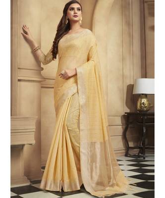 yellow woven linen saree with blouse 1