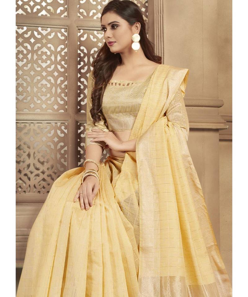 yellow woven linen saree with blouse
