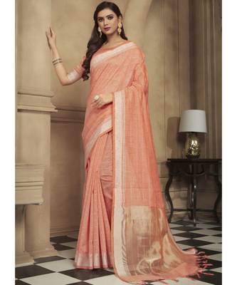 peach woven linen saree with blouse 1