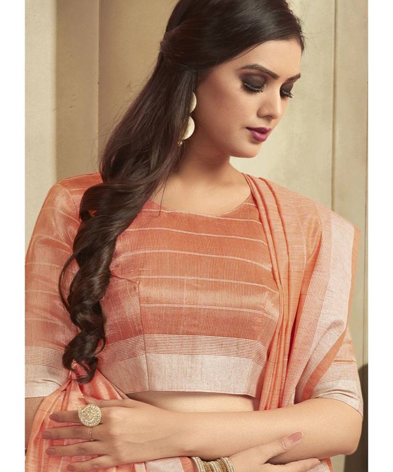peach woven linen saree with blouse