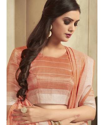 peach woven linen saree with blouse 3
