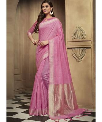 pink woven linen saree with blouse 1