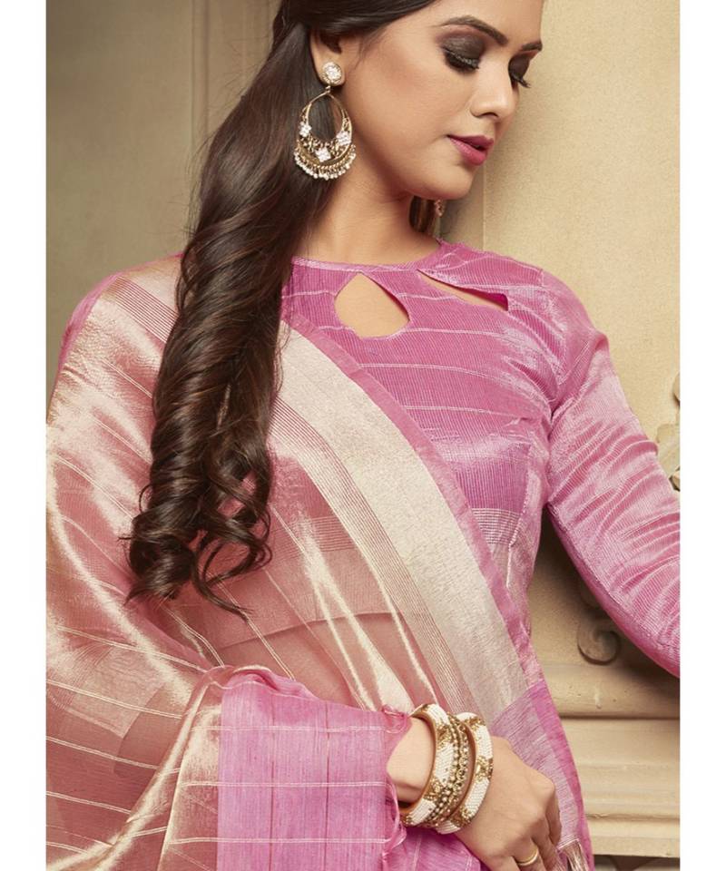 pink woven linen saree with blouse