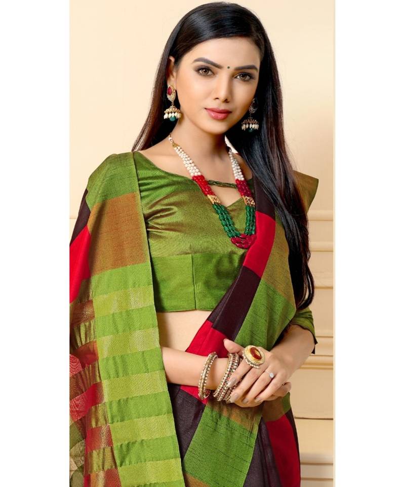 green woven cotton silk saree with blouse