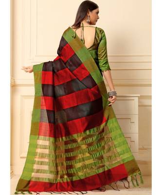 green woven cotton silk saree with blouse 3