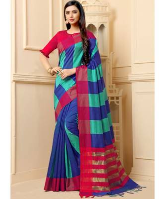 blue woven cotton silk saree with blouse 1