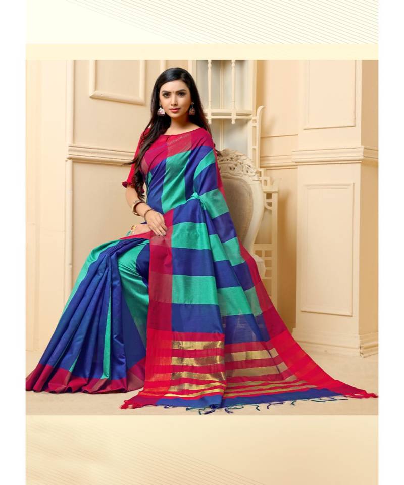 blue woven cotton silk saree with blouse