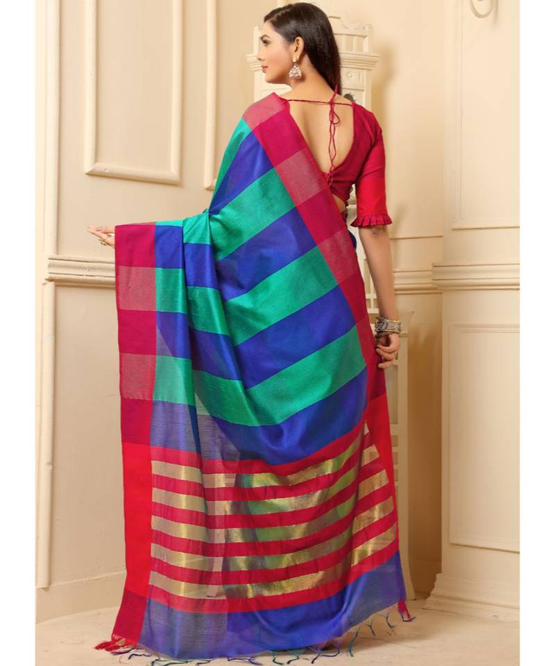 blue woven cotton silk saree with blouse