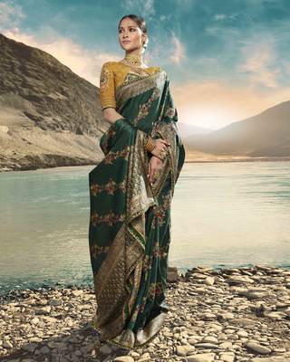 Dark Green Embroidered Raw Silk Saree With Blouse 1