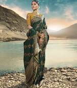 Dark Green Embroidered Raw Silk Saree With Blouse