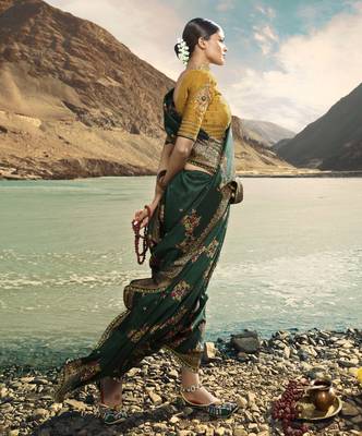 Dark Green Embroidered Raw Silk Saree With Blouse 2