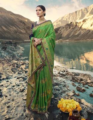 Green Embroidered Raw Silk Saree With Blouse 1