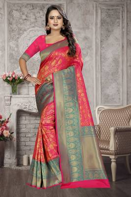 Pink Woven Kanchipuram Silk Saree With Blouse 1