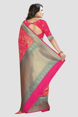 Pink Woven Kanchipuram Silk Saree With Blouse 2