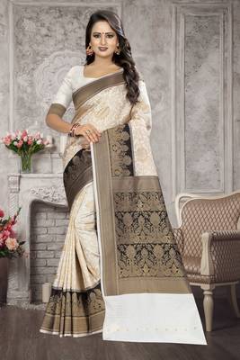White Woven Kanchipuram Silk Saree With Blouse 1