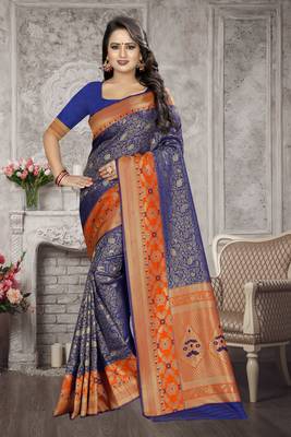 Navy Blue Woven Kanchipuram Silk Saree With Blouse 1