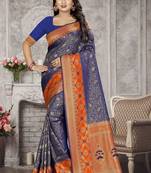Navy Blue Woven Kanchipuram Silk Saree With Blouse